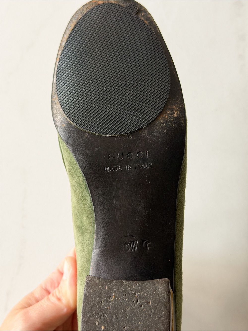 Vintage Gucci Green Suede Horsebit Block Heel Loafers - Picture 11 of 12
